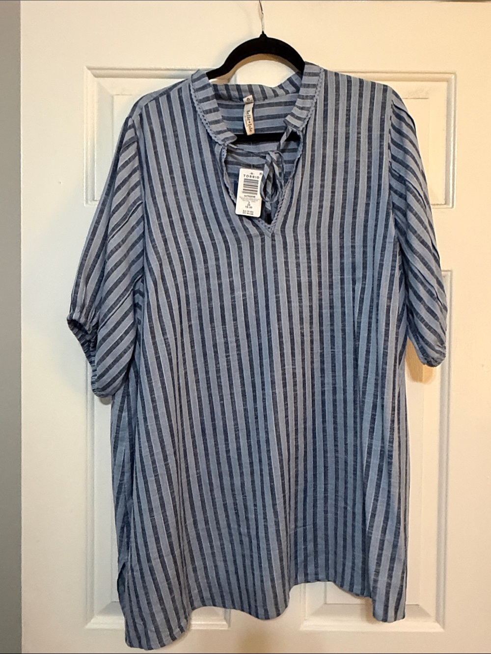 torrid Blue and White Striped Tie-Neck Balloon Sleeve Blouse